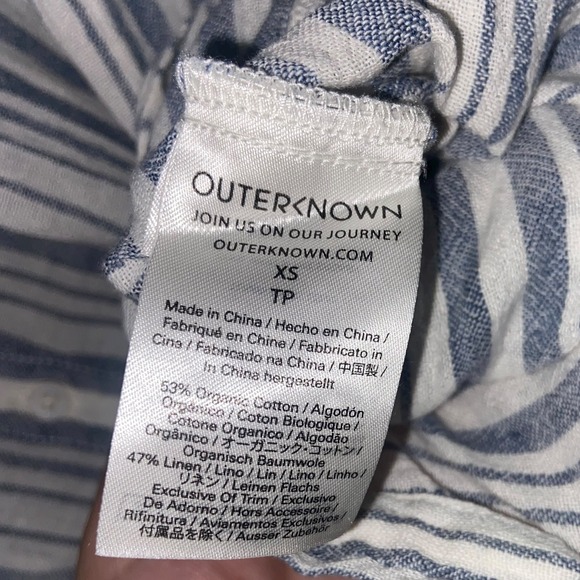 Outerknown Costa Striped Organic Cotton Linen Button Down Short Sleeve Top XS‎ - Picture 4 of 5
